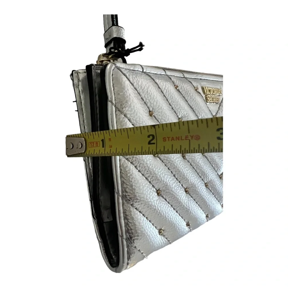 Victoria's Secret quilted metallic silver, studded wristlet wallet …